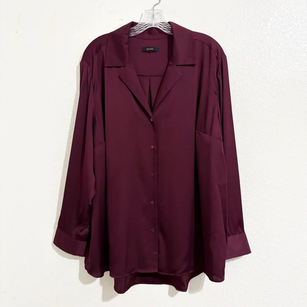 Quince Washable Stretch Silk Notch Collar Button Front Blouse Wine Tasting Red - Picture 7 of 13